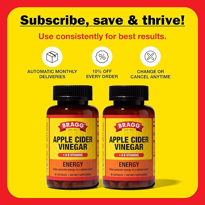 Bragg Energy Apple Cider Vinegar Capsules with B-12 Vitamins - 90 Capsules (2 Pack) – Weight Management - Non-GMO, Vegan, Gluten Free - Helps Generate Energy at Cellular Level for Men and Women