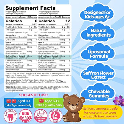 Kids Saffron Magnesium Gummies, Liposomal Saffron for Kids Focus Sleep Gummies, Mood Support Organic Saffron Extract Supplements w/ Magnesium Glycinate, L-Theanine & GABA for Calm - No Melatonin,120Ct