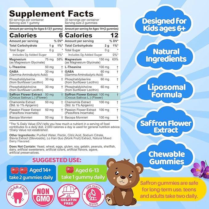 Sugar Free Saffron for Kids, Teens & Adults, Saffron Gummies Supplements for Kids Calm & Focus Gummies, Saffron Extract with L-Theanine, GABA & Magnesium Glycinate for Mood - No Melatonin, 60Cts