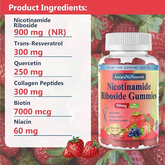 2 Pack NAD Resveratrol Supplement, Sugar Free 900mg Gummies with Quercetin, Collagen, Vitamin Support Anti Aging, Cell Regeneration, Energy Boost, Skin Improvement for Women Men