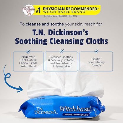 T.N. Dickinson's Witch Hazel Soothing Cleansing Cloths | Removes Dirt, Oil, Impurities | For Oily, Irritated, Red, Damaged, Blemished, Sensitive Skin | 25 Total Wipes