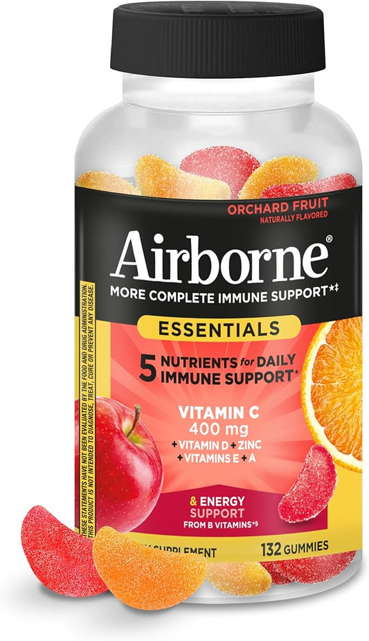Airborne 400mg Vitamin C Gummies for Adults & Children, Immune Essentials Daily Immune Support Supplement with Powerful Antioxidants Vitamins C & E Plus Selenium - 132 Gummies, Orchard Fruit Flavor