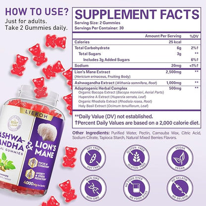 Ashwagandha Gummies - Organic Ashwagandha & Lions Mane Gummies for Adults with 4 Adaptogenic Herb for Stress, Cognitive & Immune Support| Cortisol Supplements for Women & Men, Berry Flavor - 60 Counts