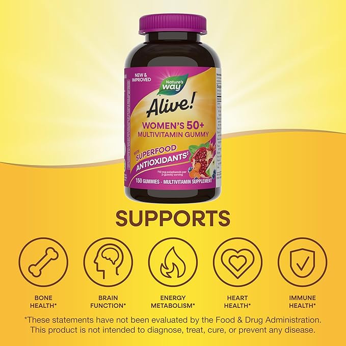 Nature’s Way Alive! Women’s 50 Plus Multivitamin Gummy, Daily Chewable Multivitamins with B-Vitamins, Vitamin D3, Calcium, Supports Heart, Brain & Bone Health,* Mixed Berry Flavored, 150 Count