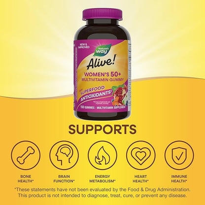 Nature’s Way Alive! Women’s 50 Plus Multivitamin Gummy, Daily Chewable Multivitamins with B-Vitamins, Vitamin D3, Calcium, Supports Heart, Brain & Bone Health,* Mixed Berry Flavored, 150 Count