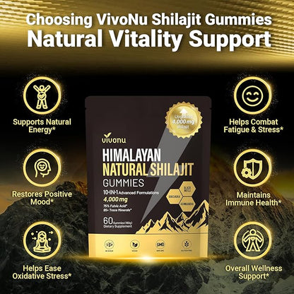VivoNu Himalayan* Shilajit* Gummies with Ashwagandha* & Gokshura | 85+ Trace Minerals & Fulvic Acid | Organic, Micronutrient Supplement for Men & Women (Men 4000mg / 1 Bag)