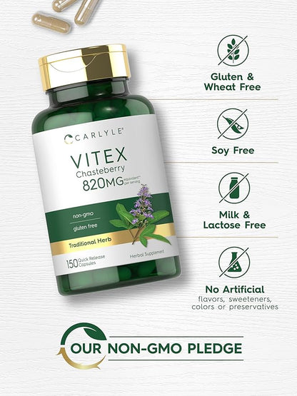 Carlyle Vitex Chasteberry Supplement | 150 Capsules | Vitex Agnus-Castus Fruit for Women | Non-GMO, Gluten Free