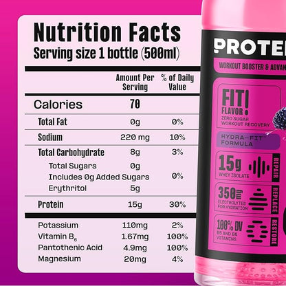 Protein2o Hydration Drink - 2-in-1 Liquid Clear Whey Protein Isolate and Electrolyte Drink - 15g Protein,Vitamins B5,B6 - Post-Workout Recovery - 16.9 Fl Oz - Dragon fruit Blackberry,(Pack of 24)