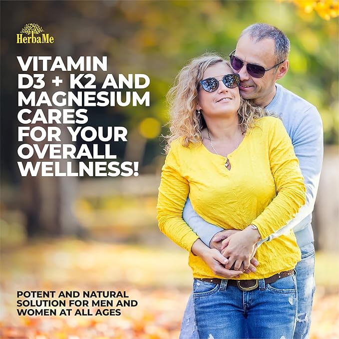 HerbaMe Vitamin D3 5000 IU + K2 with Magnesium Bisglycinate for Max Absorption | 90 Capsules | Immune Support | Promotes Heart, Bone and Muscle Health