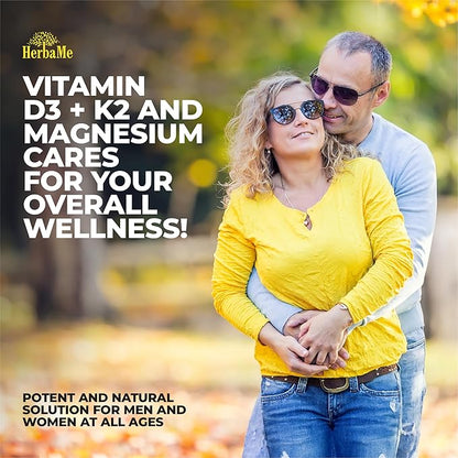 HerbaMe Vitamin D3 5000 IU + K2 with Magnesium Bisglycinate for Max Absorption | 90 Capsules | Immune Support | Promotes Heart, Bone and Muscle Health