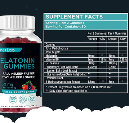BionerLab Melatonin Gummies (30mg) Enhanced with L-theanine & Vitamin B6 for Adult Women Men - Extra Strength Chewables Calm Gummy - Gluten Free