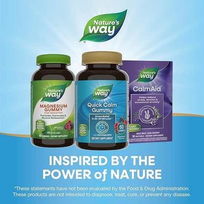 Nature's Way Quick Calm Gummies, L-Theanine for Relaxation*, Fast-Acting, Stress Relief from L-Theanine Within 30-60 minutes*, with Ashwagandha, Vegetarian, Mixed Berry Flavored,  60 Gummies