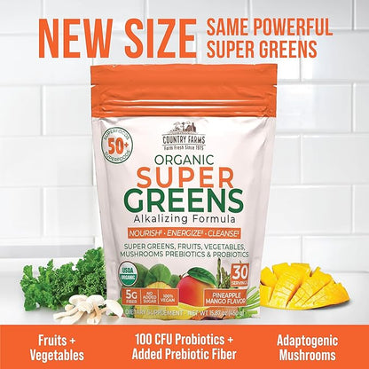 Country Farms Super Greens Pineapple-Mango Flavor, 50 Organic Super Foods, USDA Organic Drink Mix (Wheat Grass, Spirulina, Chlorella) Mushrooms & Probiotics, with Fiber, Natural Energy, 30 Servings