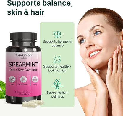 VINATURA Spearmint Leaf Capsules Supplement - Enhanced with DIM & Saw Palmetto, for Unwanted Hair, Women' Health & Skin *USA Made & Tested* - 1380mg/serving, 60 Capsules (30 Servings)