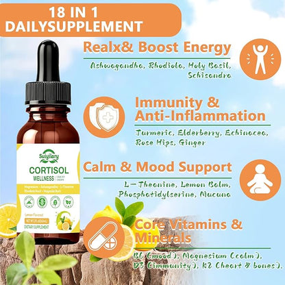 Cortisol Liquid Drops Support Supplements for Men and Women, Cortisol Detox Hormone Balance with Magnesium, Ashwagandha, L-theanine for Mood Support, Lemon Flavor, 60ml