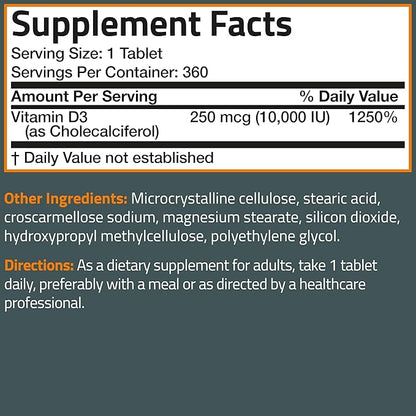 Bronson Vitamin D3 10,000iu (250mcg) Healthy Muscle Function and Immune Support, Non-GMO, 360 Tablets