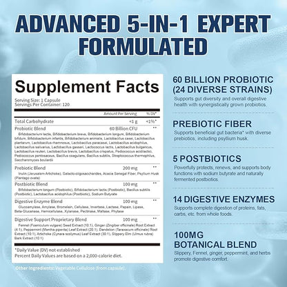 Totaria 5-in-1 Probiotic Prebiotic & Postbiotic for Women Men, 60 Billion CFU 24 Strains w/Digestive Enzymes, Prebiotic Fiber, Slippery Elm, Daily Complete Immune, Gut Health, 120 Day Supply