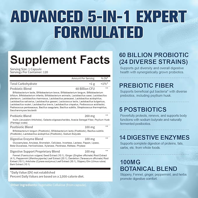 Totaria (2 Packs) 5-in-1 Probiotic Prebiotic & Postbiotic for Women Men, 60 Billion CFU 24 Strains w/Digestive Enzymes, Slippery Elm, Daily Complete Gut Health, Digestive & Immune Support