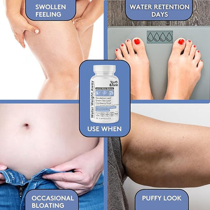Youth & Tonic Water Weight Away – Herbal Diuretics for Water Retention & Bloating Support – with Potassium & Vitamin B6 for Fluid Balance – 30 Pills for Belly Bloat, Leg & Feet Swelling Support