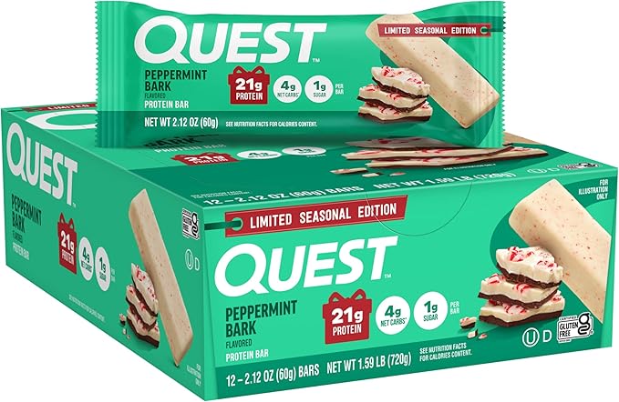 Quest Nutrition Peppermint Bark Protein Bar, 21g Protein, 4g Net Carb, 1g Sugar, Gluten Free, 12 Count
