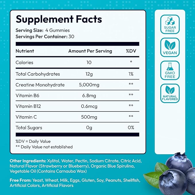 Sugar Free Creatine Monohydrate Gummies 5g Per Serving - 120 Monohydrate Creatine Gummies Advanced Complex with Vitamin C + Vitamin B12 for Muscle Strength, Energy Boost, Pre-Workout Gummy