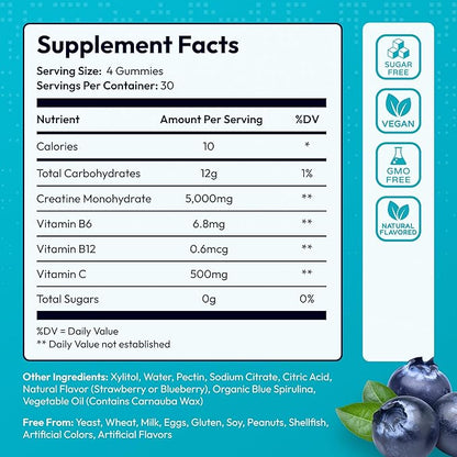 Sugar Free Creatine Monohydrate Gummies 5g Per Serving - 120 Monohydrate Creatine Gummies Advanced Complex with Vitamin C + Vitamin B12 for Muscle Strength, Energy Boost, Pre-Workout Gummy