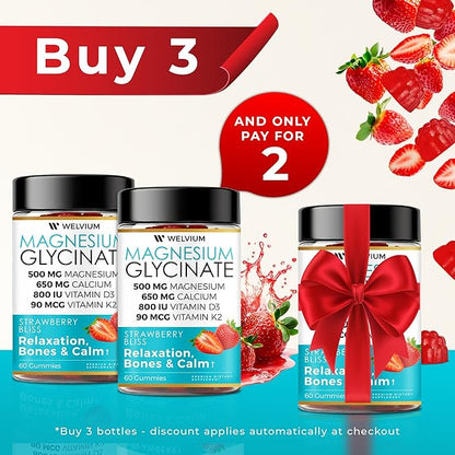 Magnesium Glycinate Gummies with Ashwagandha, L-Theanine - 500mg Magnesium Glycinate, D3, K2, B6, Calcium, Zinc, Potassium Supplement for Muscle, Immune and Bone Support, Chewable Magnesium