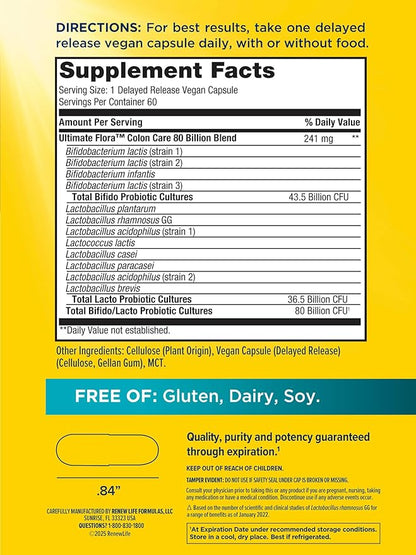Renew Life Probiotic Colon Care Probiotic Capsules, Daily Supplement Offers Colon Support, L. Rhamnosus GG, Dairy, Soy and gluten-free, 80 Billion CFU, 60 Count