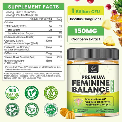 Feminine Balance Probiotic Gummies - Women's Vaginal Health Support | PH Balance & Odor, Flora, Immune Support | Probiotics for Women, Vegan Pineapple Flavor, 120 Count