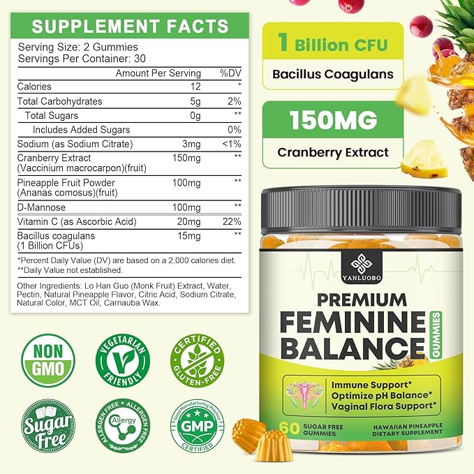 Feminine Balance Probiotic Gummies - Women's Vaginal Health Support | PH Balance & Odor, Flora, Immune Support | Probiotics for Women, Vegan Pineapple Flavor, 60 Count