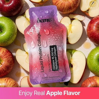 BeMe Liquid Collagen Peptides - Easy Protein Shots for Lean Muscle Support and Workout Recovery. 15g Whey Free Formula with 16.7g Hydrolyzed Collagen for Gym Performance. 15 Sachets, Apple Flavor