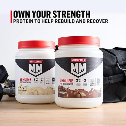 Muscle Milk Genuine Protein Powder, Chocolate, 1.93 Pounds, 13 Servings, 32g Protein, 2g Sugar, Calcium, Vitamins A, C & D, NSF Certified for Sport, Energizing Snack, Packaging May Vary