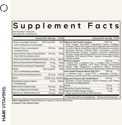 Codeage Hair Vitamins 10000 mcg Biotin, Keratin, Collagen, Vitamin A, B12, C, D3, E, Zinc, Turmeric, Probiotics, Enzymes, Inositol - Hair Care Support - Healthy Hair Supplement Pills - 120 Capsules