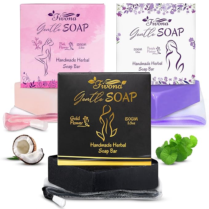 FIVONA Set of 3 Yoni Herbal Soap Bars for Gentle Feminine Intimate Wash and Whole Body All-Natural Handmade Includes Exfoliating Scrubber Foaming Net - Natural Detox and Vagi Cleansing - 3x 5.3oz