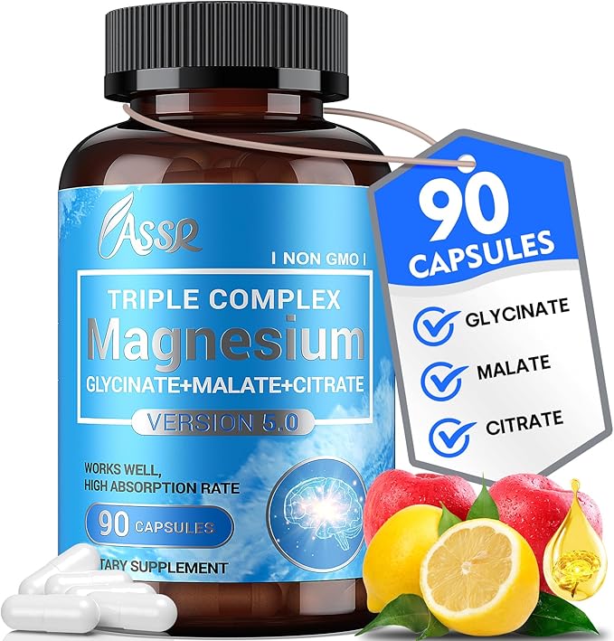 ASSR Triple Magnesium Complex – 300mg Magnesium Supplement with Glycinate, Malate & Citrate – Supports Relaxation, Muscle & Nerve Function – High Absorption, Vegan, Non-GMO, 90 Capsules