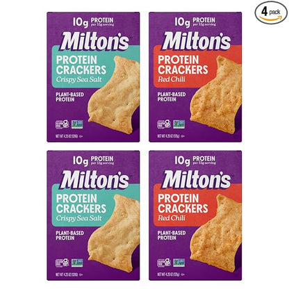 Milton's CRAFT BAKERS Protein Crackers Variety Bundle (Crispy Sea Salt & Red Chili) - 10G Of Plant-Based Protein Per Serving, Certified Gluten Free, Non-Gmo Project Verified, Vegetarian-Friendly, Zero Grams Added Sugar Per Serving, 4.25 Oz, Pack Of 4