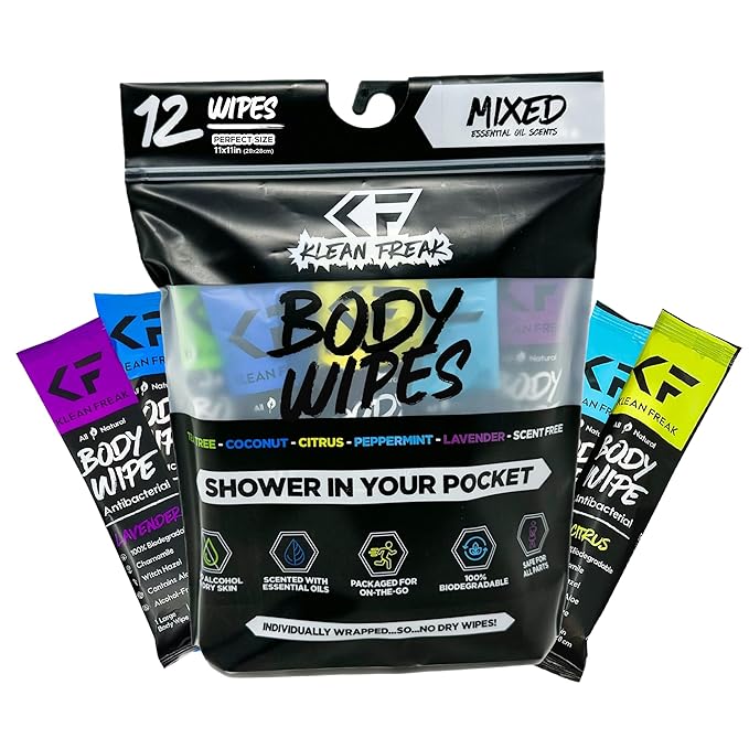 The Klean Freak Body Wipes - 12 count Individually Wrapped | Showerless Body Wipe for Women & Men | Sustainable Bodywipes for Gym, Travel, Camping | Mixed