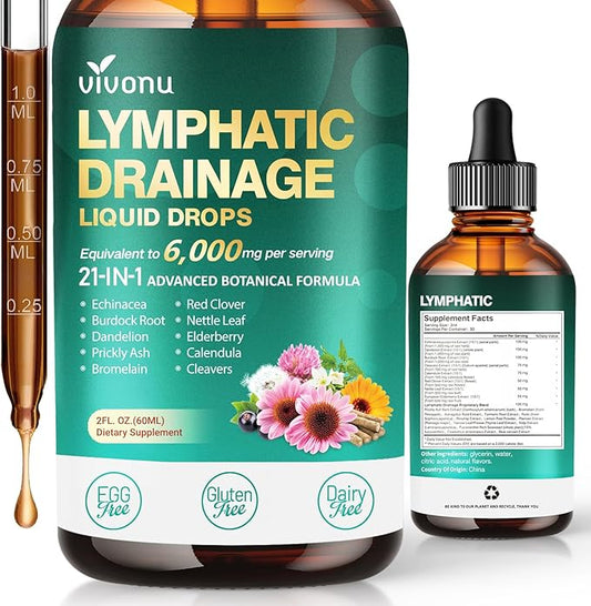 21-in-1 Lymphatic Drainage Drops for Liposomal, Immune & Lymph System Support Supplement for Women & Men with Echinacea, Dandelion, Burdock, Bromelain, Calendula, Turmeric & More, 2 FL OZ