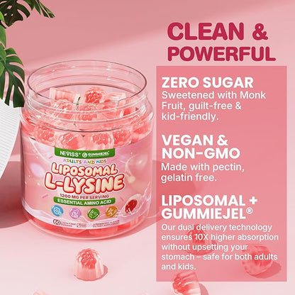 Liposomal L-Lysine Gummies 1200mg | High Absorption Immune & Skin Support | Vegan Amino Acid Supplement for Adults & Kids | Lips & Oral, Bone & Collagen Health | Non-GMO, Sugar-Free, 60 Gummies