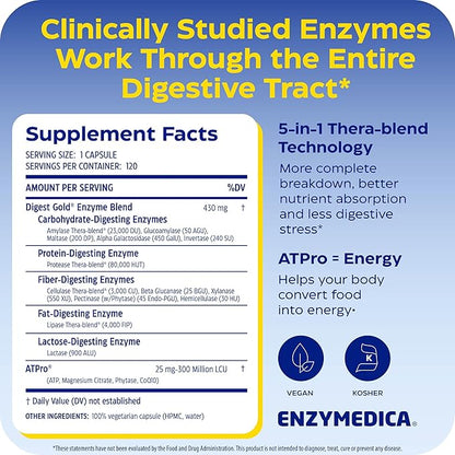 Enzymedica Digest Gold + ATPro, Maximum Strength Enzyme Formula, Fast-Acting, Helps Digest Large Meals, Prevents Bloating and Gas, 120 Capsules