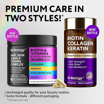 Biotin for Hair Growth Women & Men with Keratin, Collagen Complex 30000 mcg – Capsules for Hair Loss & Stronger Thickness – Skin & Nails Vitamins, Biotin 10000mcg and Collagen Supplements - 60 Pills