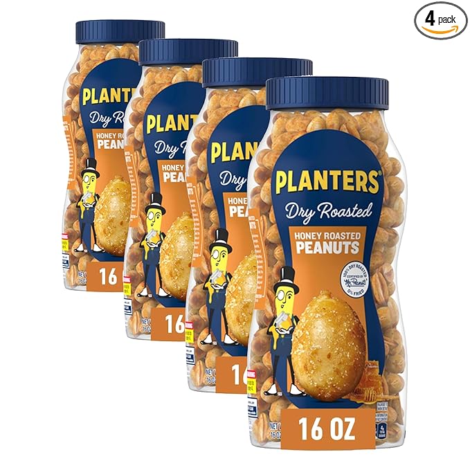 PLANTERS Honey Roasted Peanuts,Dry Roasted Peanuts,Party Snack,Plant-Based Protein,After School Snack,Sweet and Salty,Salted Nuts,Sea Salt & Honey,Snacks for Adults,Kosher,16oz Jar,(Pack of 4)