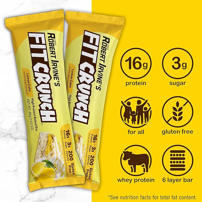 FITCRUNCH Snack Size Protein Bars, 6-Layer Baked Bar, 3g of Sugar & Soft Cake Core (18 Bars, Lemon Cake)