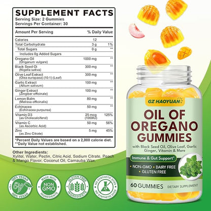 Oil of Oregano Gummies with Black Seed Oil + Vitamin D3, Oregano Oil Organic High Carvacrol, Immune & Digestive Support, Antioxidant Support, Peach & Mango Flavor, 60 Gummies