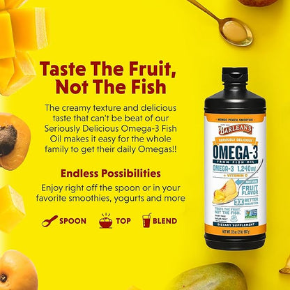 Barlean's Omega 3 Fish Oil Liquid Supplement with Vitamin D for Men and Women, 1080mg of EPA and DHA Fatty Acid, Promotes Brain & Heart Health - Non-GMO, Mango Peach, 32 oz