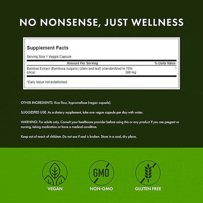 Swanson Bamboo Extract - Natural Hair, Skin and Nails Supplement - 70% Silica Content Supporting Collagen Formation & Bone Growth - (60 Veggie Capsules, 300mg Each) (3 Pack)