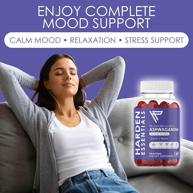 KSM-66 Ashwagandha Gummies 750mg Per Gummy – 1,500mg Per Serving – Stress & Cortisol Support – with Lemon Balm & Vitamin D – 60 Count (30 Day Supply) – Vegan – Harden Essentials