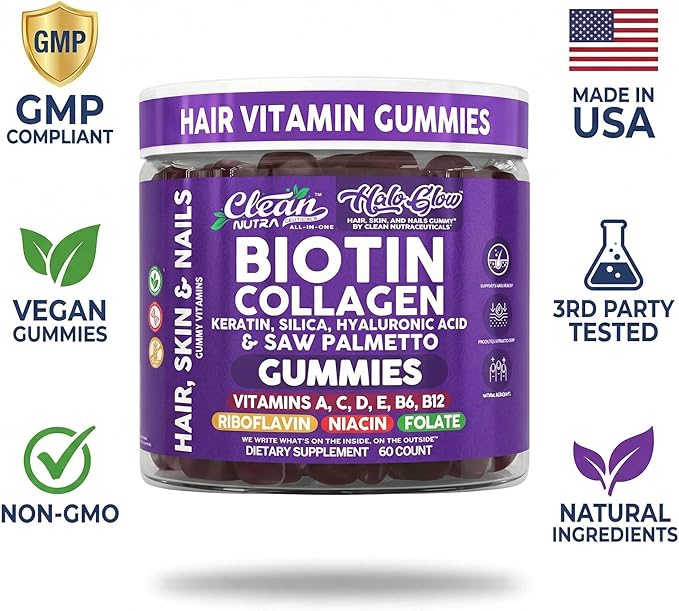 Clean Nutra Biotin Gummies | Collagen, Hyaluronic Acid, Keratin Hair Vitamins Supplement - Hair Growth Support, Skin & Nails - Vitamins C, D, E, B6 & B12 - US Made for Women & Men | 60 Gummy Count