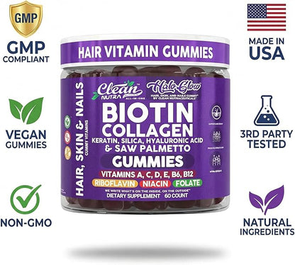 Clean Nutra Biotin Gummies | Collagen, Hyaluronic Acid, Keratin Hair Vitamins Supplement - Hair Growth Support, Skin & Nails - Vitamins C, D, E, B6 & B12 - US Made for Women & Men | 60 Gummy Count
