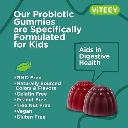 Viteey Probiotic Gummies for Kids Plus Prebiotics Fiber - 2 Billion CFUs - Digestive Health,Gut Health, Constipation Relief for Kids Support - Vegan, Gelatin Free - Chewable Probiotic Berry Flavored